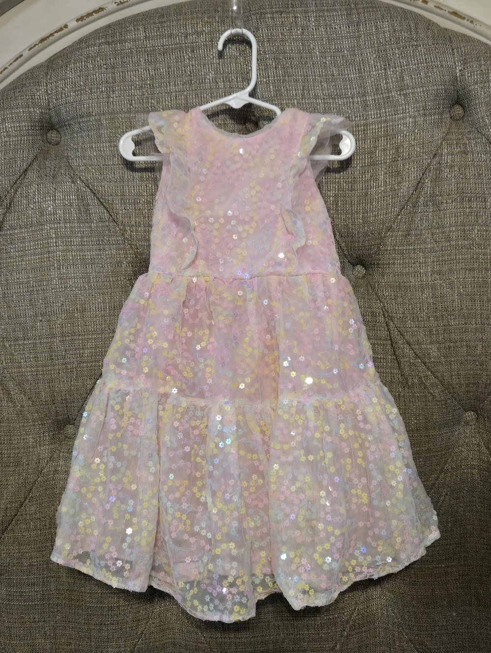 Girls 5 Pastel Flower Sequin Tiered Party Dress